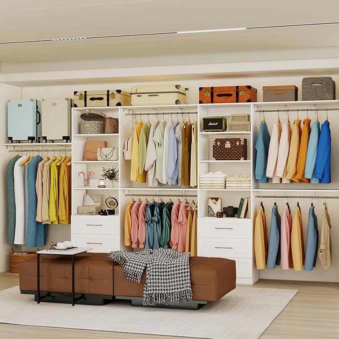 Closet System with Drawers, 5FT-8FT Closet Organizer System with 3 Side Top Shelves(Cuttable) & 3 Expandable Hanging Rods, 96" Walk in Closet Storage Shelving System, Walk in Closet System, White