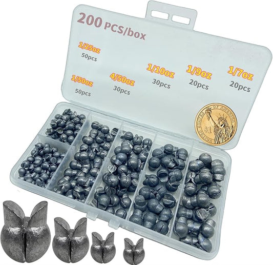 200Pcs/Box Big Size Removable Split Shot Fishing Sinkers(1/7oz,1/9oz,1/10oz,4/50oz,1/25oz,1/50oz Mixed)，Adjust Open Mouth Design Fishing Weights Clip for Freshwater Saltwater