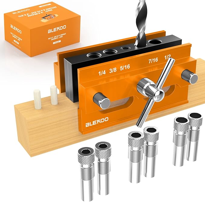 BLEKOO Self Centering Doweling Jig Kit, Drill Jig For Straight Holes Biscuit Joiner Set With 6 Drill Guide Bushings, Adjustable Width Drilling Guide Power Tool Accessory Jigs (Gold)
