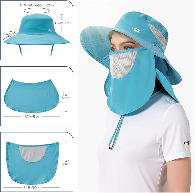 BASSDASH UPF 50+ Breathable Sun Hat with Removable Face Cover and Neck Flap Wide Brim Bucket Hat for Fishing Hiking Men Women