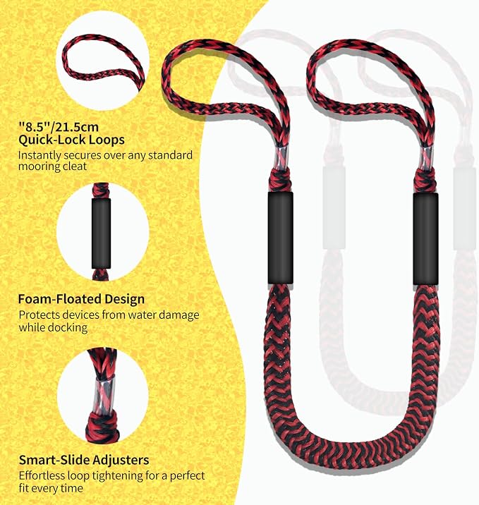 2-Pack Bungee Dock Lines for Boats with Loops, Boat Tie Downs for Docking, Adjustable Boat Mooring Rope for Pontoon, Jon Boat & PWC (Red & Black Waves, 4 FT)