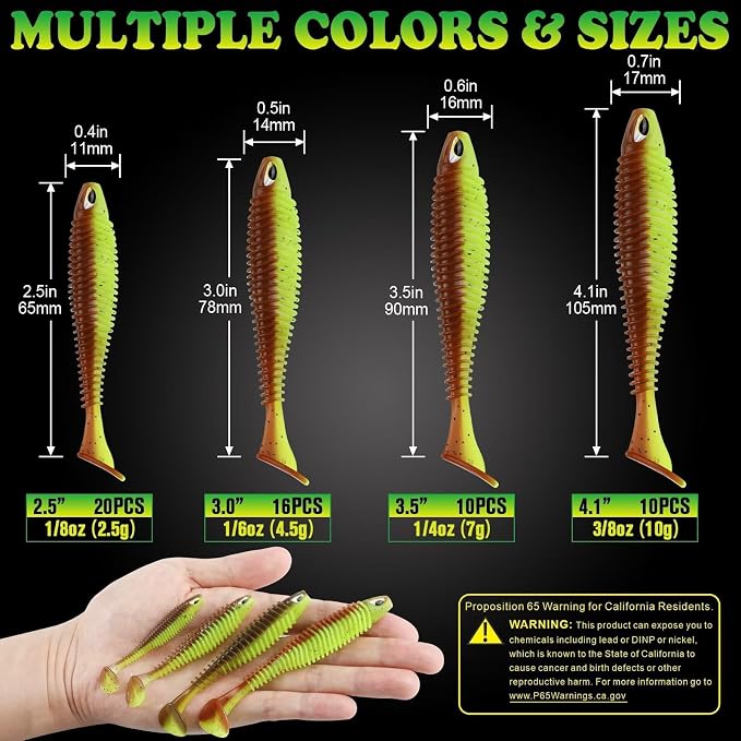 LUCKYFISHING Paddle Tail Swimbaits 10/16/20 PCS Fishing Lures Soft Plastic Lures for Trout Crappie Walleye Soft Baits for Bass Fishing Freshwater Saltwater 4.1/3.5/3/2.5 Inch