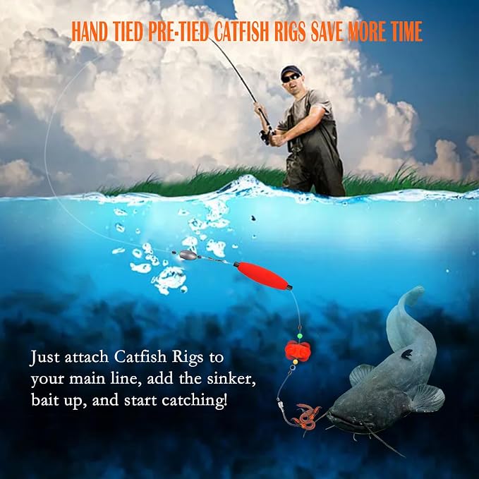 Catfish Rigs & Santee Rig Kit – 6pcs Pre-Tied Catfish Float Rigs with 5/0 6/0 7/0 Circle Hooks, Peg Floats – Heavy Duty Catfishing Tackle for Bank, Drift, or Bottom Fishing