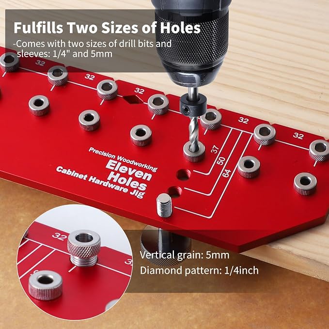 RUITOOL Shelf Pin Jig 11 Holes, Self-contained Clamping Function All Metal Shelf Pin Drilling Jig with 1/4" and 5mm Drill Bit, Shelf Hole Jig and Cabinet Hardware Jig Tool Drill Guide with Storage Bag