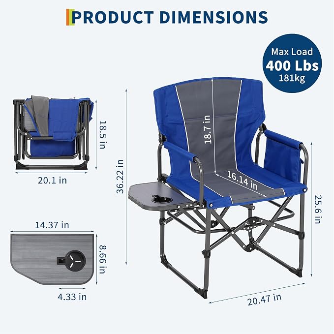 Garvee Oversized Camping Directors Chair, Portable Folding Lawn Chairs for Adults Heavy Duty with Side Table, Outdoor Foldable Camp Chair with Pocket for Beach, Fishing, Picnic