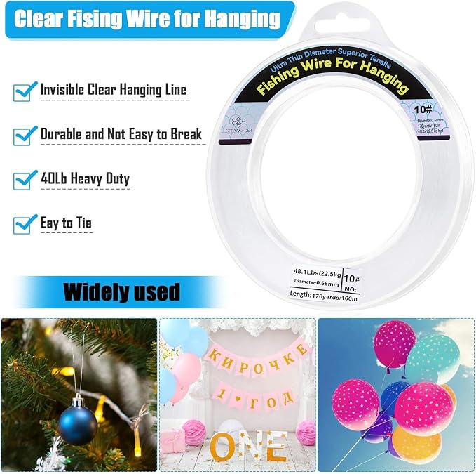 Clear Fishing Wire, Monofilament Fishing Line, Clear String for Hanging, Invisible Strong Wire Nylon Thread for Hanging Balloon Garland Picture Decorations