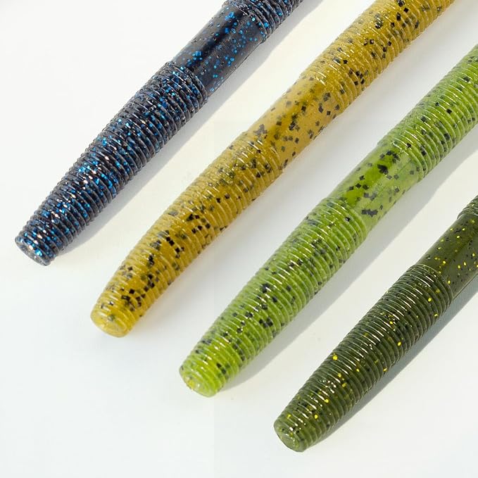 Senko Bait Soft Plastic Lures 5" Senkos 24 Pcs/100pcs for Wacky Rig Freshwater Fishing Green Pumpkin senko with Black Flake Pink Watermelon Double Color