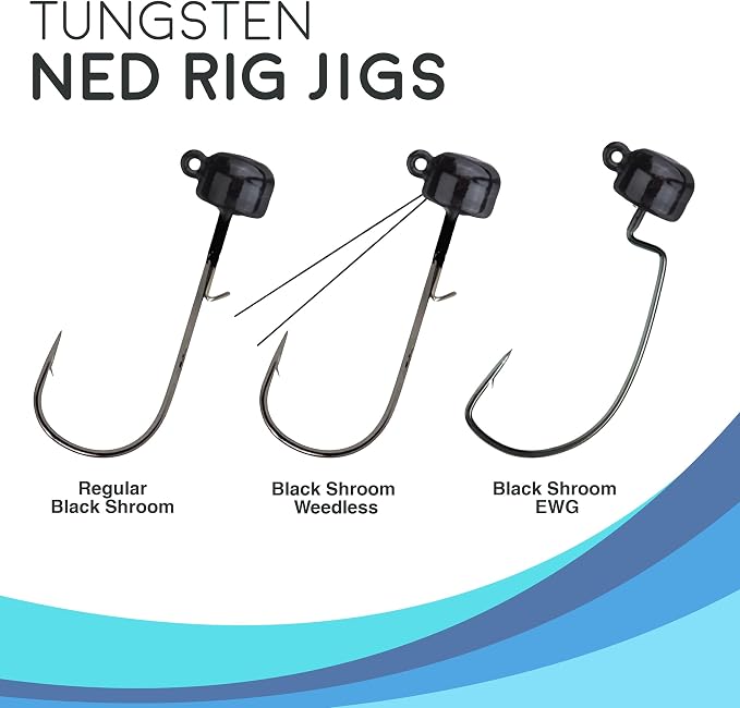 Reaction Tackle Tungsten Mushroom Head Jig Heads, Ned Rig Shroom Jigs for Finesse Bass Fishing, Stand Up Bait with Weedless and EWG Hook Options (5-Pack)