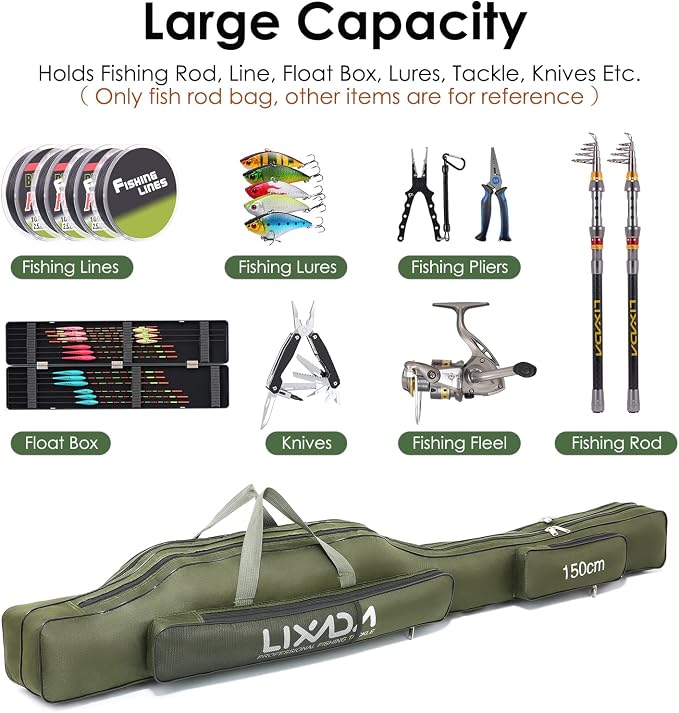 Lixada Fishing Rod Case, Portable Folding Fishing Rod Case Fishing Pole Reel Storage Bag Fishing Gears Organizer