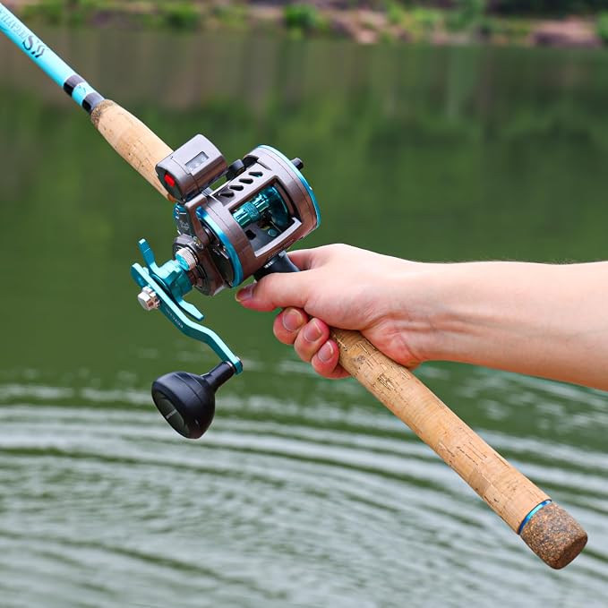Sougayilang Inshore Fishing Rod Combo with Line Counter Fishing Reel Suitable for Catfish, Salmon/Steelhead, Striper Bass Fishing