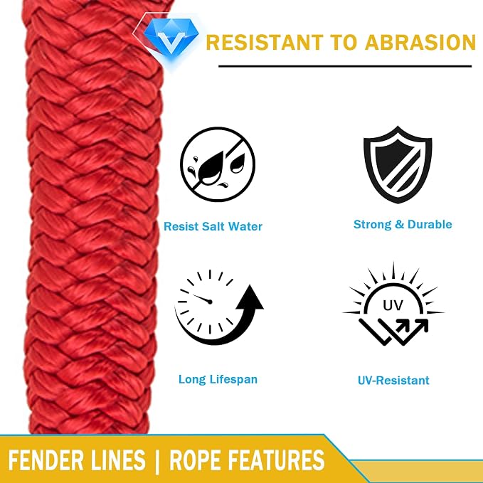 2 Pack 3/8'' x 6' Boat Fender Lines for Mooring, Docking Ties & Small Boat,Premium Marine- Grade Double Braided Nylon Boat Rope with a 5" Eyelet,Anti-Wear & Weather-Resistant-Red