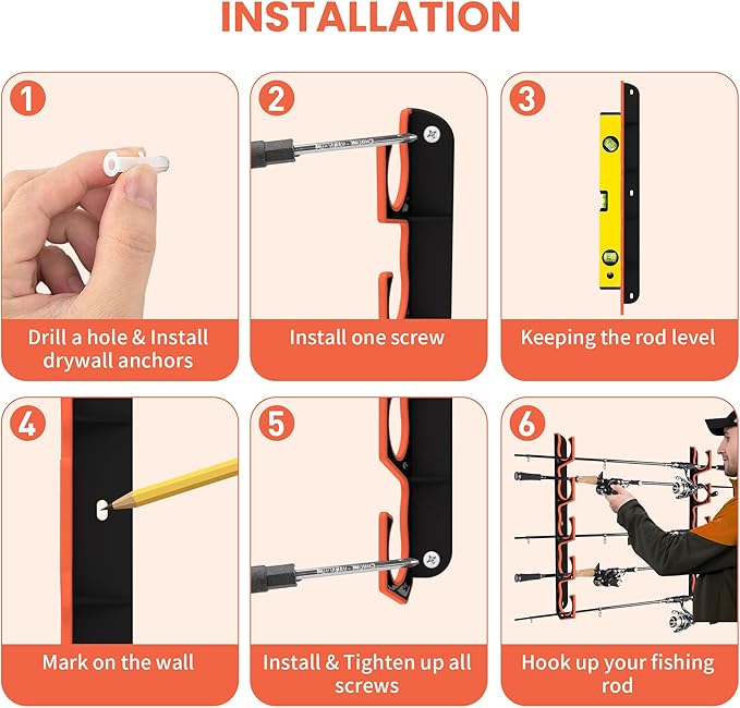 Gocozer Fishing Rod Holder for Garage, H5 Wall or Ceiling Mounted Fishing Pole Holders with Soft Protective Pad, Fishing Rod Storage Organizer, Horizontal Fishing Rod Wall Mount Nets Storage (4 PACK)