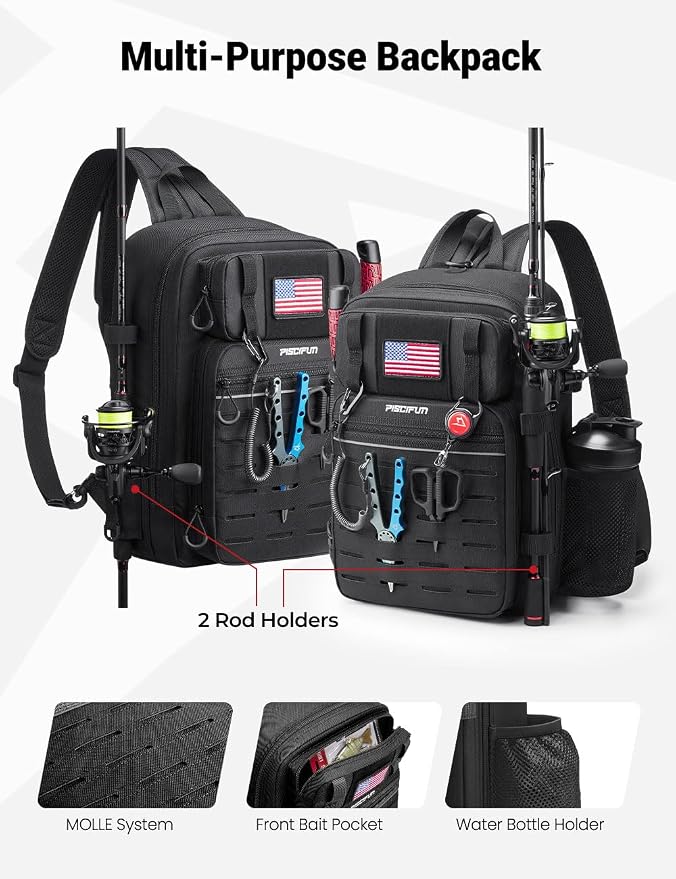 Piscifun Fishing Backpack Tackle Bag with 2 Rod Holders, Multi-Compartment Storage, MOLLE System, Water-Resistant Lightweight Outdoor Pack