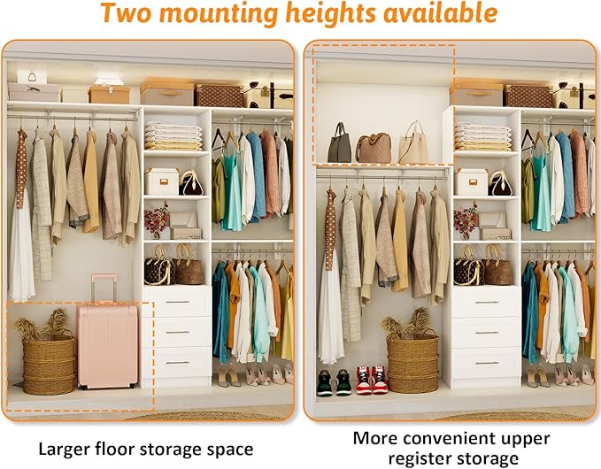 Closet System with Drawers, 5FT-8FT Closet Organizer System with Shelves & Adjustable Hanging Rods, 96" Walk in Closet System Storage Wood, White