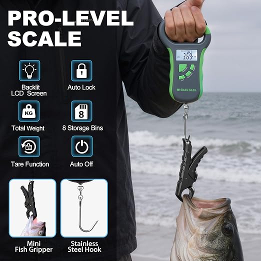 SNAIL TRAIL 8 Storage Bins Digital Fishing Scale & 4.6'' Lip Gripper, Backlit LCD Display, Multi-Mode(LB, OZ/LB & KG), Ergonomic Handle, 50 lbs Tournament Bass Fish Weigher for Anglers