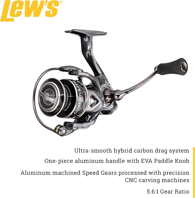 Lew’s Custom Lite Spinning Fishing Reel, 10+1 Stainless Steel Ball Bearings, Size 100 Reel, 5.6:1 Gear Ratio, Right or Left-Hand Retrieve, Carbon Grey
