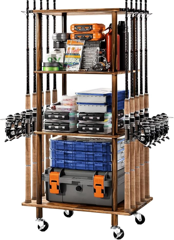 Ghosthorn Fishing Rod Holders Fishing Pole Rack for Garage Hold up to 10 Rods Wooden Fishing Pole Holders Organizer Fishing Rod Rack Fishing Gear Storage Equipment(Carbonization，4 Tier)