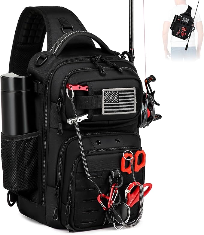 Fishing Sling Bag, Fishing Bag With Rod Holder Fixed Stickers, MOLLE System, Soft Bait & Gear Storage, Gift for Men Black