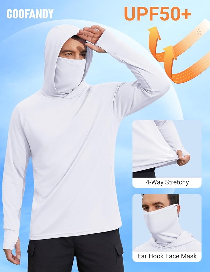 COOFANDY Mens UPF 50+ Sun Protection Hoodie with Mask Lightweight Long Sleeve SPF Fishing Shirts UV Hiking Running Rash Guard