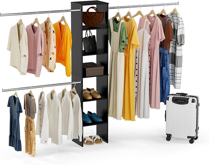 ROOMTEC Closet System, 17" Wide Wall-Mounted Closet Organizer Kit with Wood Storage Tower and 3 Hanging Rods, Wardrobe Closet System for Walk-In Closets, Black