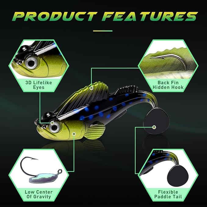 GOTOUR Pre-Rigged Soft Fishing Lures with Weedless Hook, Lifelike Paddle Tail Swimbaits for Bass Fishing, Freshwater & Saltwater Fishing Bait, Fishing Tackle for Bass, Pike, Trout, and Walleye