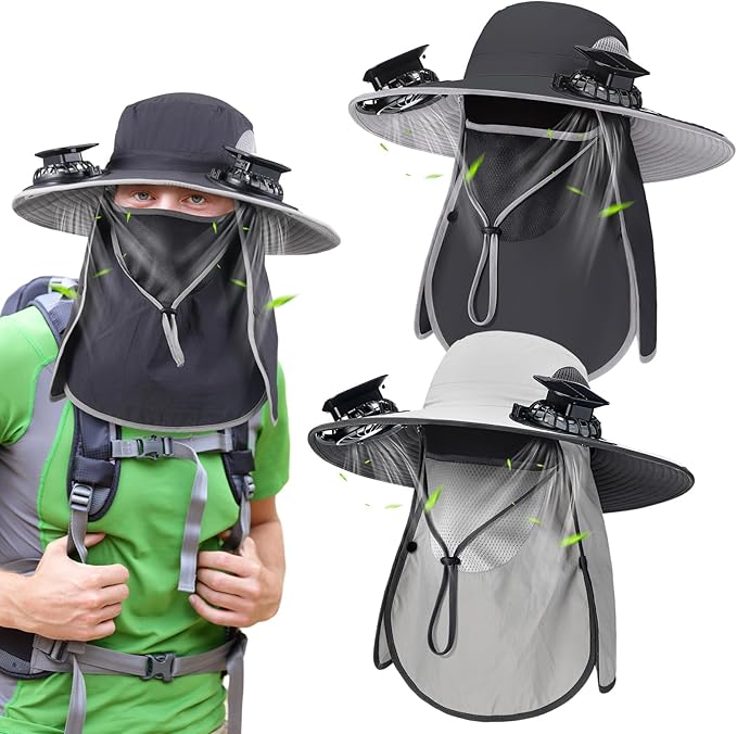 Glitopper 2 Pcs Solar Fan Hat with 2 Fan Wide Brim Removable Face Cover Cooling Fishing Buckets Hats