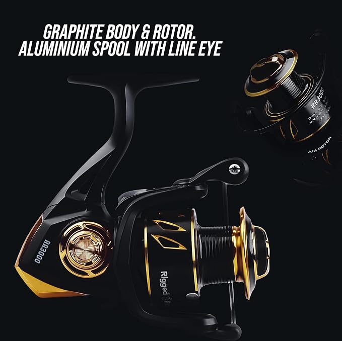 Rigged and Ready RR spin fixed-spool fishing reels 4 size options 1000, 3000, 5000, 6000. Freshwater saltwater smooth strong durable. Spare spool + bag. Spinning, Carp, Bass, Coarse, Sea & LRF angling