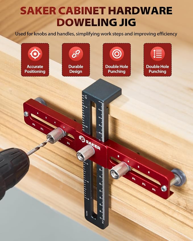 Saker Cabinet Hardware Doweling Jig - Cabinet Handle Template Tool for Knobs and Pull - Adjustable Self Centering Punch Locator Precise Woodworking Drill Guide (6.5" Jig Saw)