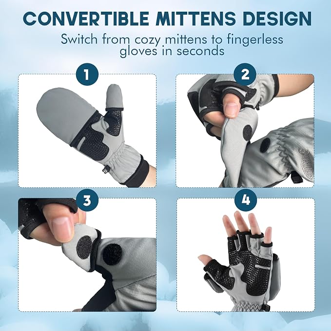 Riverruns Winter Fishing Gloves Convertible Mittens and Fingerless Gloves for Men Women, Ideal for Ice Fishing, Photography, Hunting, Outdoor Use