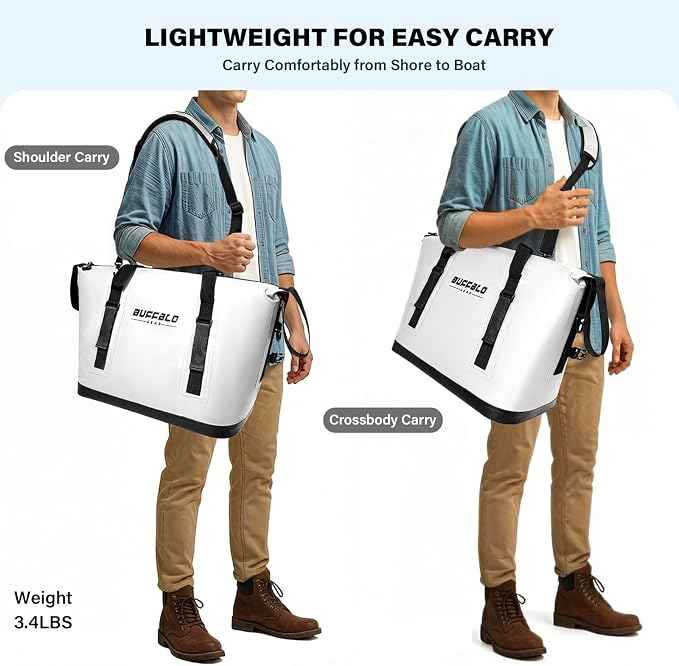 Buffalo Gear Fish Cooler Bag – 37Qt Seamless Insulation Fish Kill Bag, Keeps Ice Cold Up to 36 Hours, Foldable & Waterproof with Rod Attachment Straps & Gear Loops, White