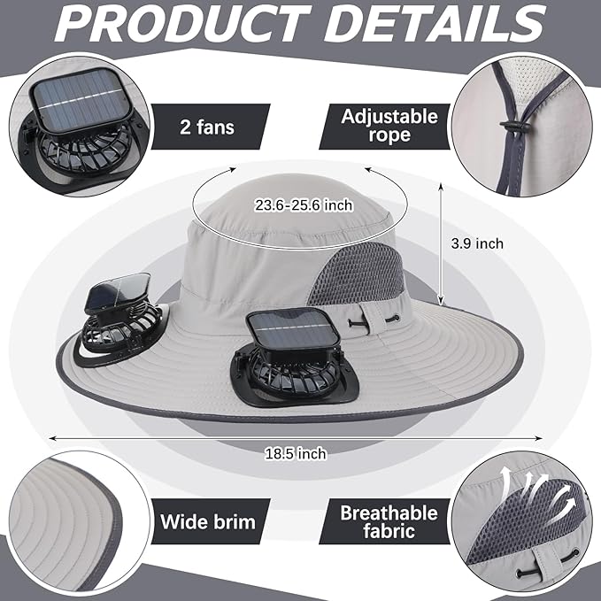Glitopper 2 Pcs Solar Fan Hat with 2 Fan Wide Brim Removable Face Cover Cooling Fishing Buckets Hats