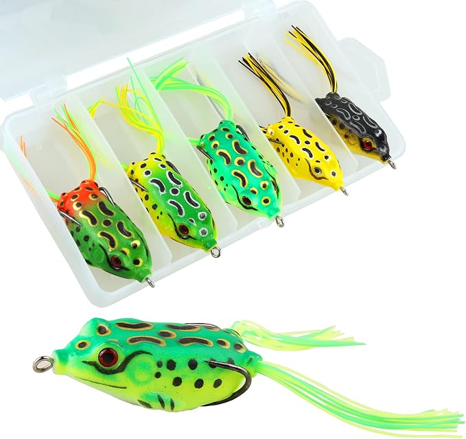 5PCS Topwater Frog Lures Set with Box, Realistic Soft Hollow Body Fishing Lures for Bass Snakehead Pike Bowfin, Weedless Freshwater Simulated Frog Baits