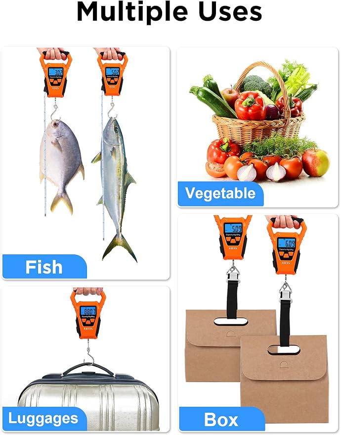 HEETA Waterproof Fish Scale Digital with Backlit LCD Display, 110lb/50kg Portable Hanging Scale Fishing Scale for Home and Outdoor, Measuring Tape and 2 AAA Batteries Included