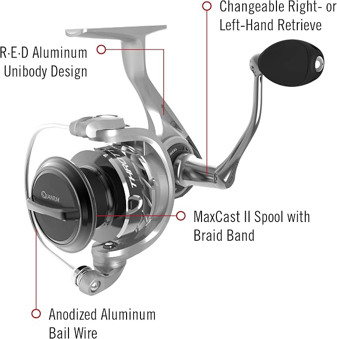 Quantum Throttle II Spinning Reel and Fishing Rod Combo, 6-Foot 6-Inch 1-Piece IM8 Graphite Fishing Pole, Split ComfortGrip Handle, Medium Power, Size 20 Reel, Silver/Red
