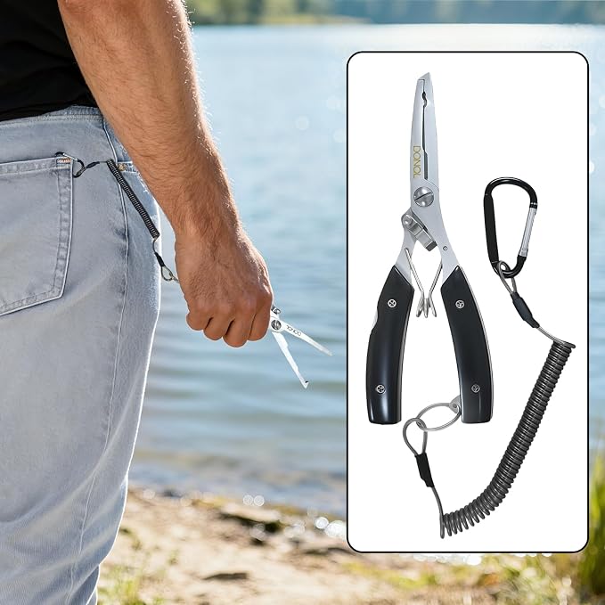 DONQL 6in Fishing Pliers Tools Kit, Fishing Pliers Hook Remover, Fishing Scissors Line Cutter, Saltwater Resistant Fishing Gear with Lanyard, Multifunctional Fishing Hook Remover Gifts
