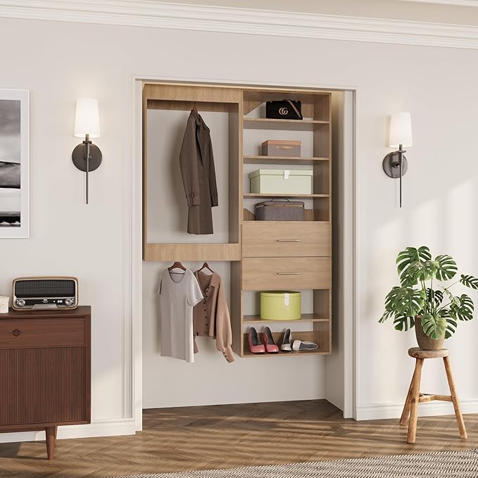 ROOMTEC Modular Closet System, 58" Wall Mounted Closet Organizer with Hanging Rods and Drawers, Wooden Tower for Walk-In Closets, Wardrobe Storage Kit, Wood