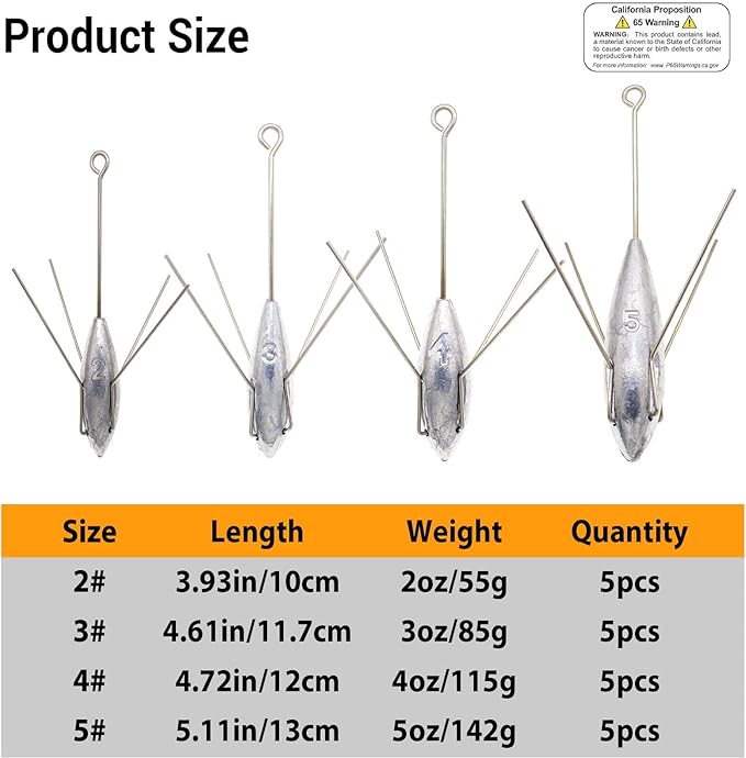 5 Pcs Sputnik Sinker Fishing Weights Lead Surfing Casting Spider Sinkers Long Tail Fishing Equipment for Catfish Saltwater Beach Sand Ocean