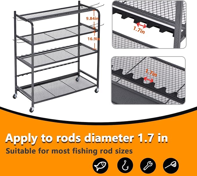Heavy Duty Fishing Rod Rack, Fishing Organizer for Garage, Fishing Gear Holder for Garage with Movable Wheels