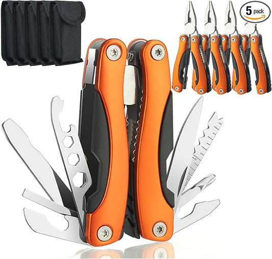 5 Packs Needle Nose Pliers, Multi Tool, Hiking Essentials, Fathers Gifts, Multitool Pliers, Camping Knife with Holster and Nylon Sheath for Outdoor, Fishing, Hunting, Hiking by WIWUE GUO(orange)