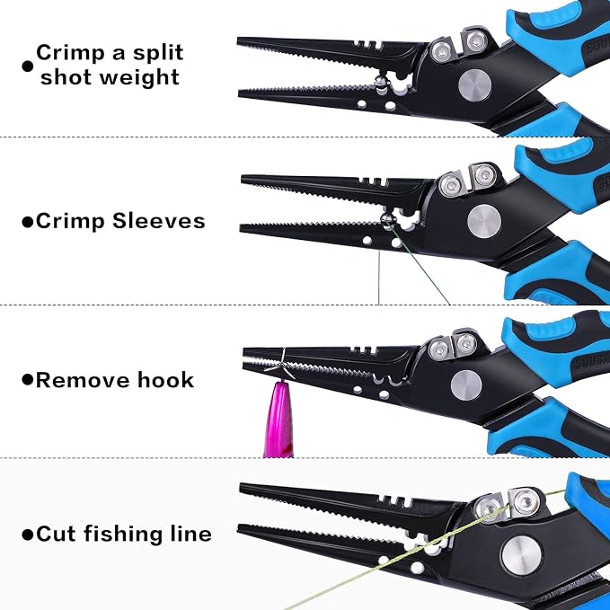 Sougayilang Fishing Pliers,Sheath and Lanyard Tungsten Carbide Cutters,420 Stainless Steel Fishing Tools,Saltwater Resistant Fishing Gear with Rubber Handle-7.5'' Straight Nose - Blue