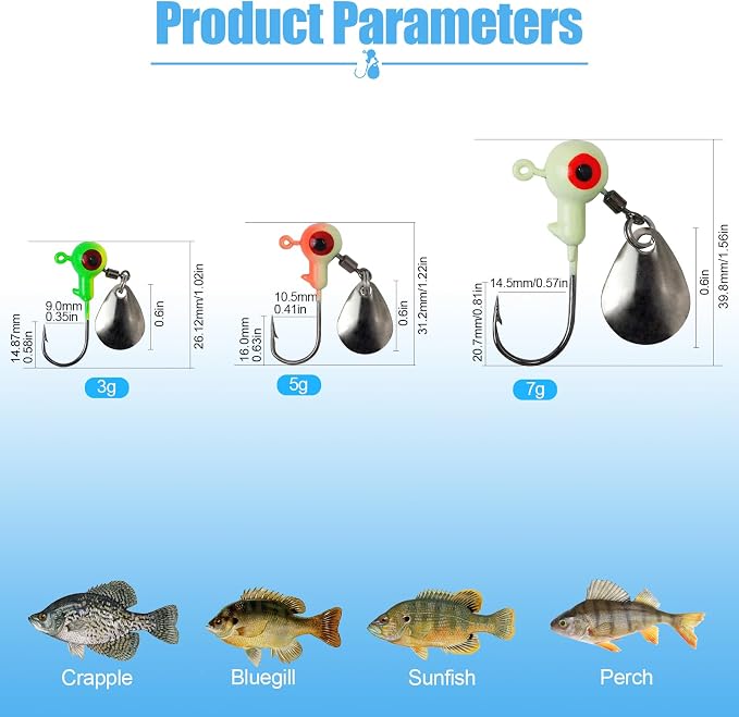 15/20/30Pcs Underspin Jig Heads with Spinner Fishing Jig Heads Hooks Set Crappie Jigs Fishing Jig Hooks Assortment Saltwater Freshwater Bass Crappie Trout Glow in The Dark…