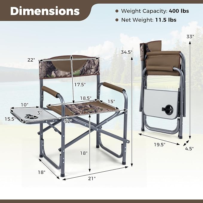 COSTWAY Folding Camping Chair, Lightweight Portable Directors Chair w/Side Table & Cup Holder, Padded Outdoor Heavy Duty Lawn Chair for Fishing, Picnic, Sports, Beach, Max Load 400 lbs (Camouflage,2)