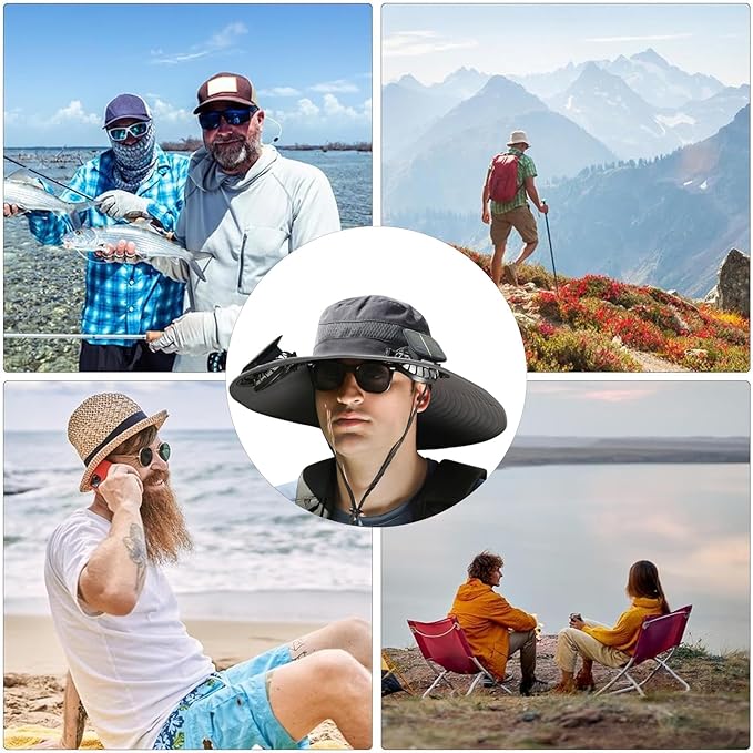 Hat with Fan,Solar Fan Hat,Wide Brim Sun Hat with 2 Solar Fan,for Outdoor Fishing,Waterproof Outdoor Hiking Camping Fishing