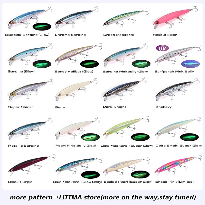 LITTMA California Surf Fishing Lures Saltwater Jerkbait Crankbait Surf Minnow 110/125 - Metallic Sardine Super Glow & Pearl Pink Belly Glow Lures for Halibut & Striper Fishing