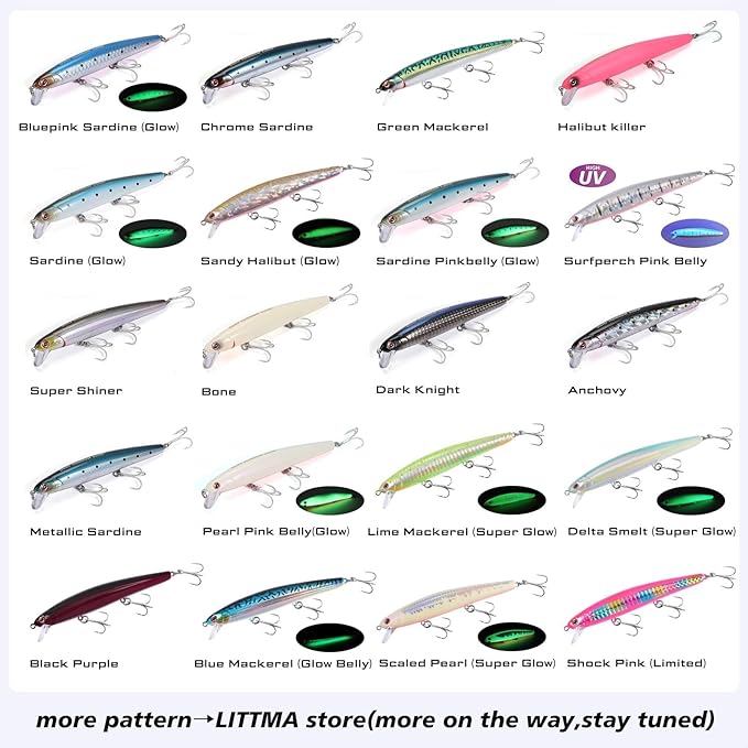 LITTMA California Surf Fishing Lures Saltwater Jerkbait Crankbait Surf Minnow 110/125 - Metallic Sardine Super Glow & Pearl Pink Belly Glow Lures for Halibut & Striper Fishing