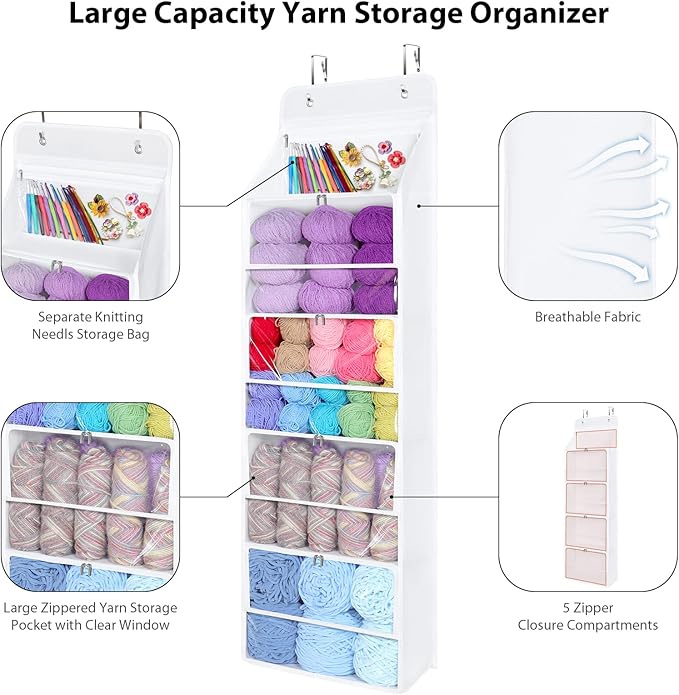 Univivi Hanging Yarn Storage Organizer with 5 Zipper Closure Compartments, Large Capacity Knitting Organizer Storage, Over the Door Hanging Yarn Holder for Knitting Needles,Crochet Hooks (Clear White)