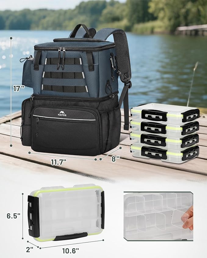 MATEIN Fishing Backpack with 4 Tackle Boxes, Fishing Bag with Rod Holder & Safety Compass & Cooler, Gifts for Fishermen