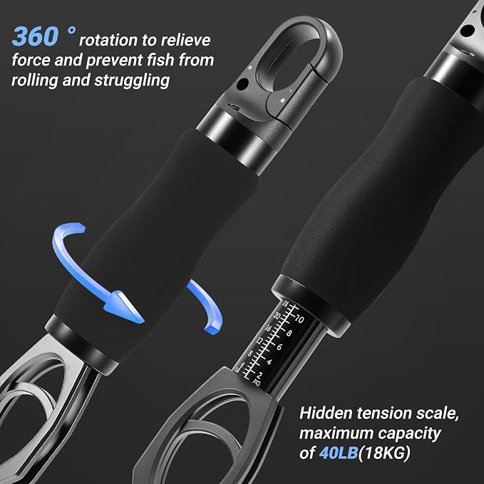 BiteX Fish Lip Gripper with 40lb Scale, 360° Rotating Fish Holder | One-Hand Operation, Saltwater-Resistant Aluminum Build, Bonus Fishing Pliers, Sheaths and Lanyards Included