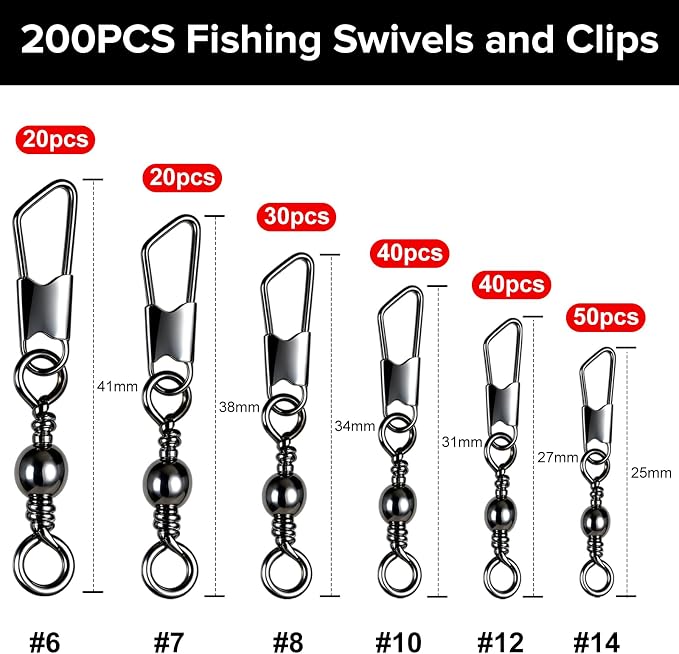 DONQL Fishing Swivels Snap 200pcs Swivels Fishing Tackle, Barrel Swivel Barrel Swivels with Snaps, Available #14#12#10#8#7#6, for Saltwater, Freshwater, Leader, Line, Lure Connector
