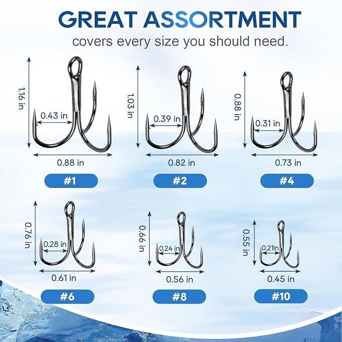 UCEC Fishing Hooks Treble Hooks Kit for Saltwater Freshwater, High Carbon Steel Strong Sharp Round Bend for Catfish Trout Hard Baits Lures, Size #1#2#4#6#8#10#12#14 110/50/210 Pack with Split Rings